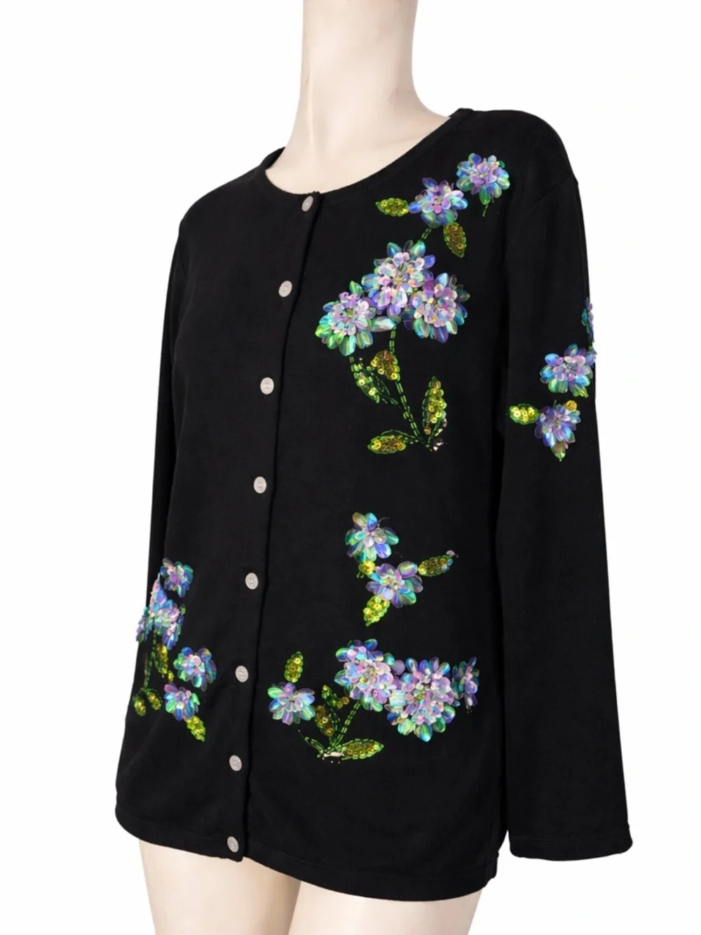 Vintage Quacker Factory XL Black Sequin Floral Cardigan Sweater Embellished - Picture 2 of 8